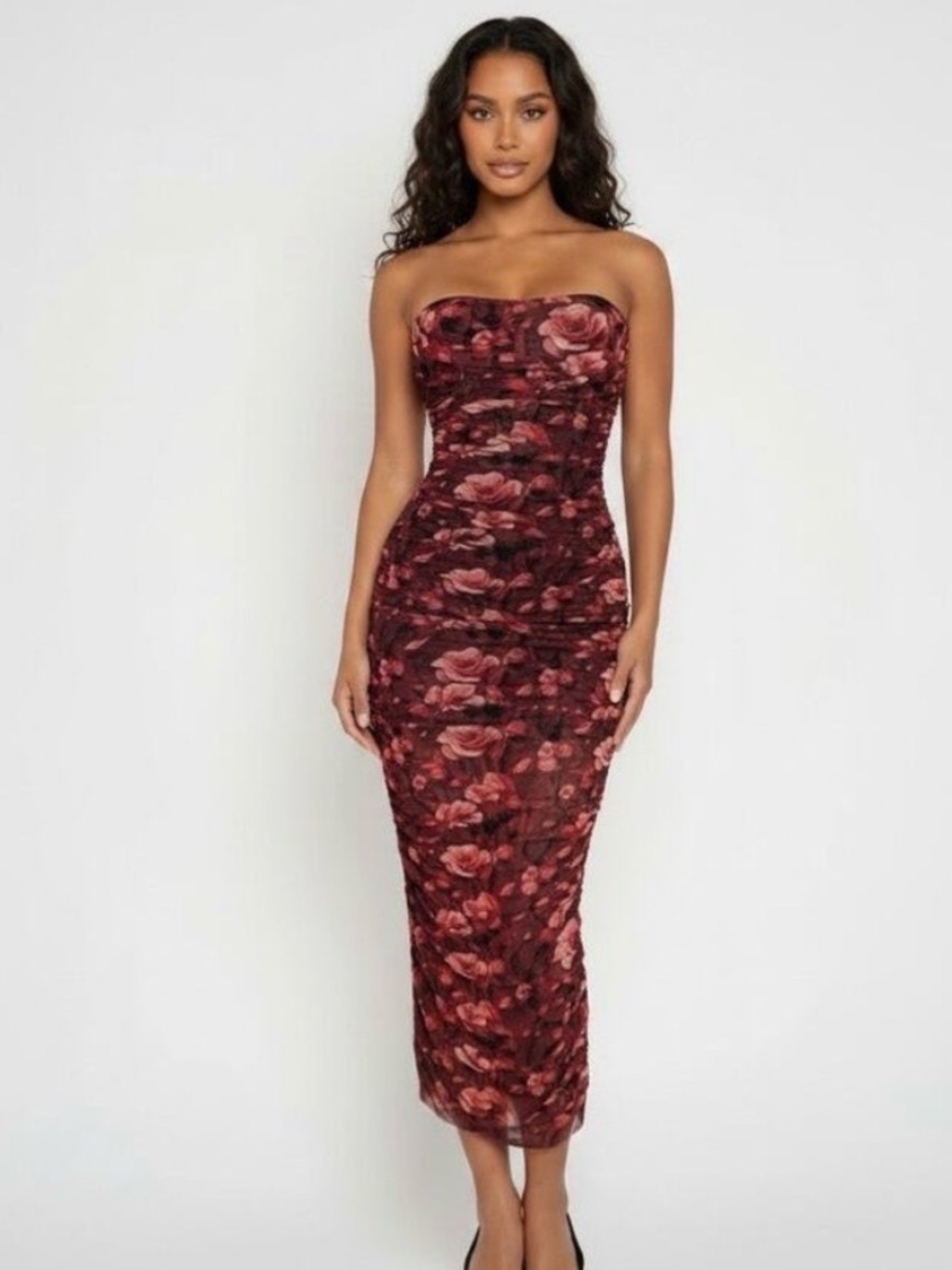 TA3 Sweetie Mesh Column Dress Cranberry Wine Floral